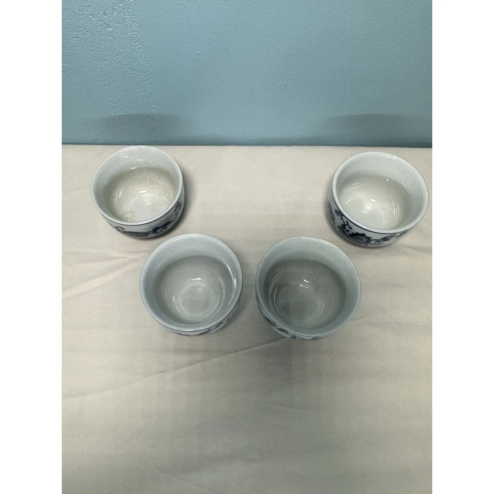 Pier 1 One Porcelain Chinese Tea Cups Cobalt Blue White Paisley Floral 4 pc Set